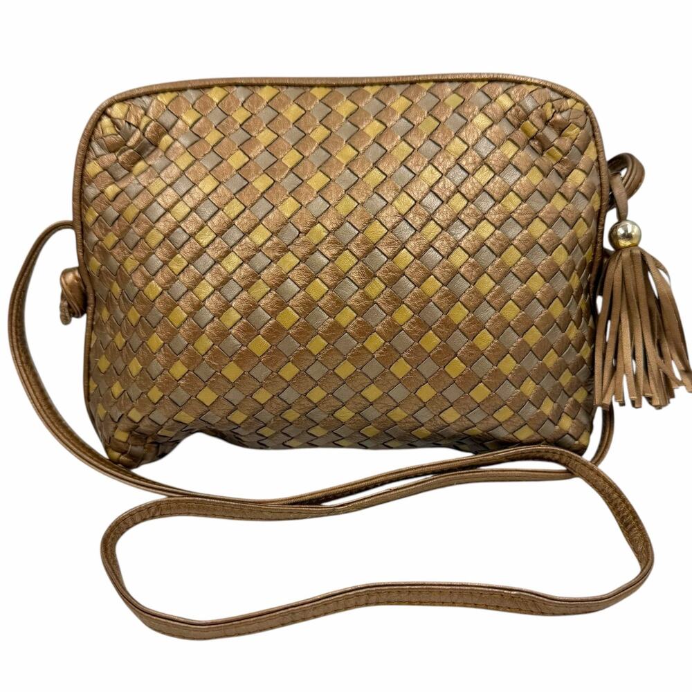 Vtg 80s Glam Retro Ganson Metallic Woven Intrecciato Tassel Crossbody Purse Bag